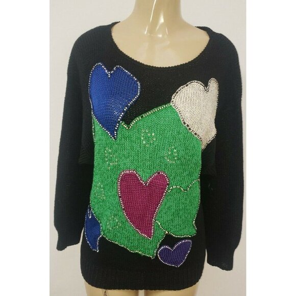 Vintage Nannell Pullover Rhinestones crystals handmade Knit Hearts Scoop Neck L - Picture 1 of 6